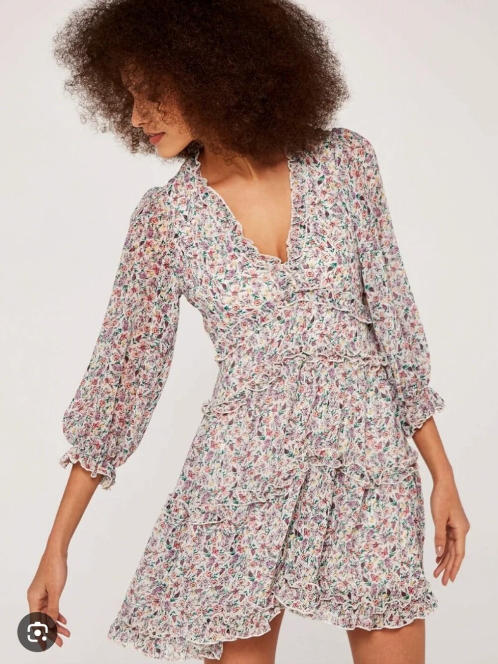 524-APRICOT Pastel Floral V-Neck Ruffle Mini Dress